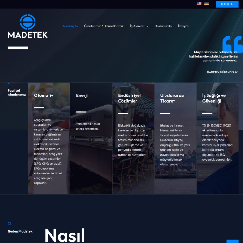 Madetek Mühendislik web sitesi ana sayfası